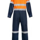 Back view of a high-visibility orange and navy blue coverall with reflective stripes.