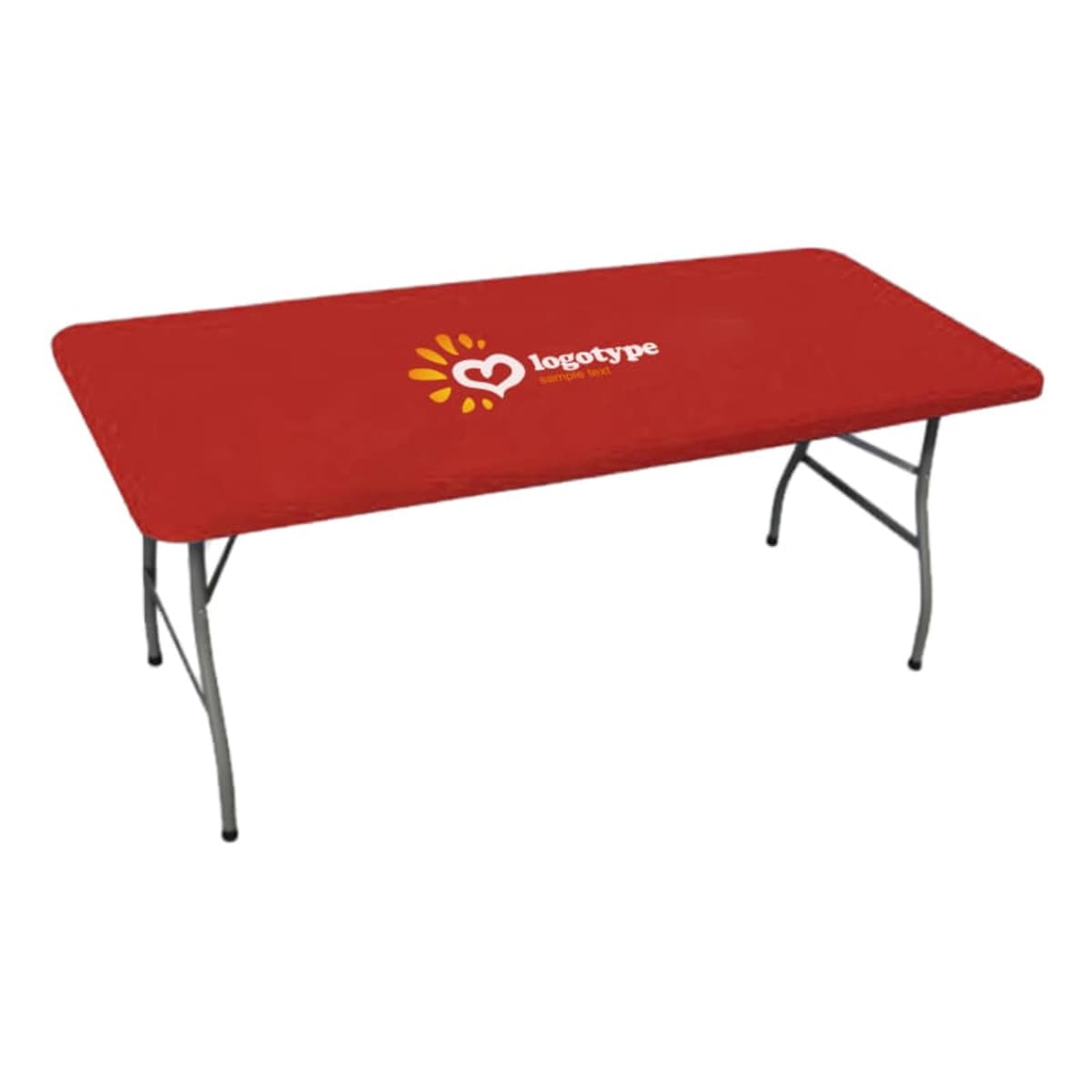 Rectangular folding table with a red cover and a logo on top.