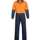 Orange and navy blue coverall with front pockets and a standing collar.