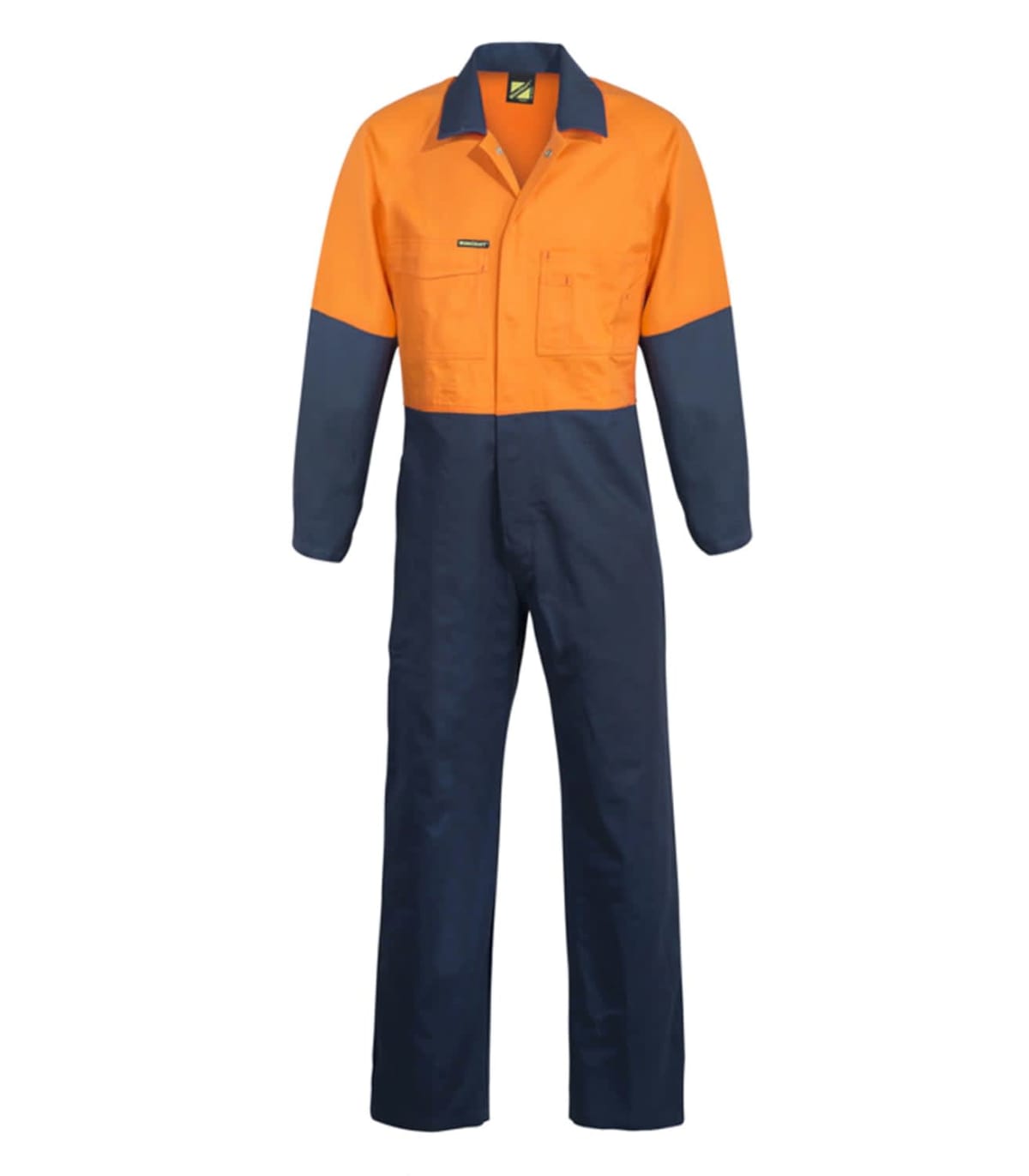 Orange and navy blue coverall with front pockets and a standing collar.