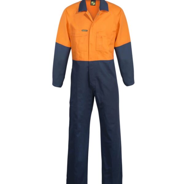 Orange and navy work coverall with long sleeves and collar, displayed on a white background.