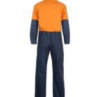 Back view of an orange and navy blue coverall with long sleeves and a cargo pocket.