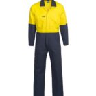 Yellow and navy blue work coveralls with long sleeves on a white background.