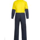 Yellow and navy-blue coveralls with long sleeves, viewed from the back.