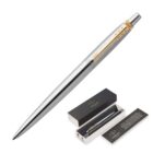 Silver Parker pen with gold accents, displayed with its box and information card.
