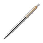 Silver ballpoint pen with a gold clip and push-button on a white background.