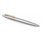 Silver ballpoint pen with a gold clip and clicker, placed on a white background.