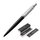 Black and silver ballpoint pen with box and instruction card.