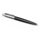 A black and silver retractable ballpoint pen on a white background.