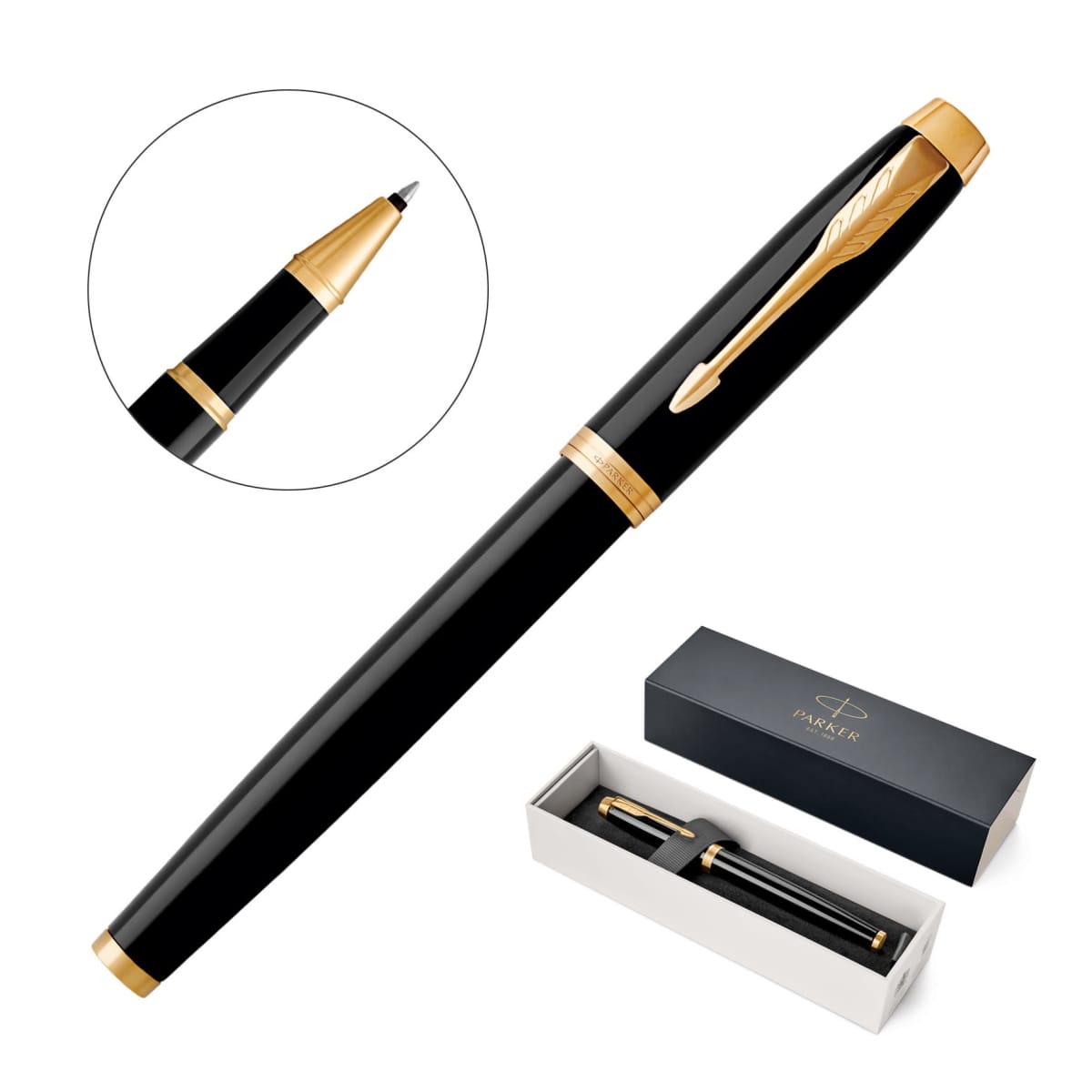 Black and gold luxury pen with close-up tip view and gift box packaging shown.