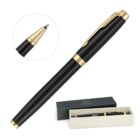 Black and gold pen with cap, close-up tip view, and a branded box shown.