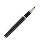 Black and gold fountain pen with the cap removed, showing the pen tip.
