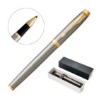 Silver and gold pen with close-up tip and gift box packaging shown.