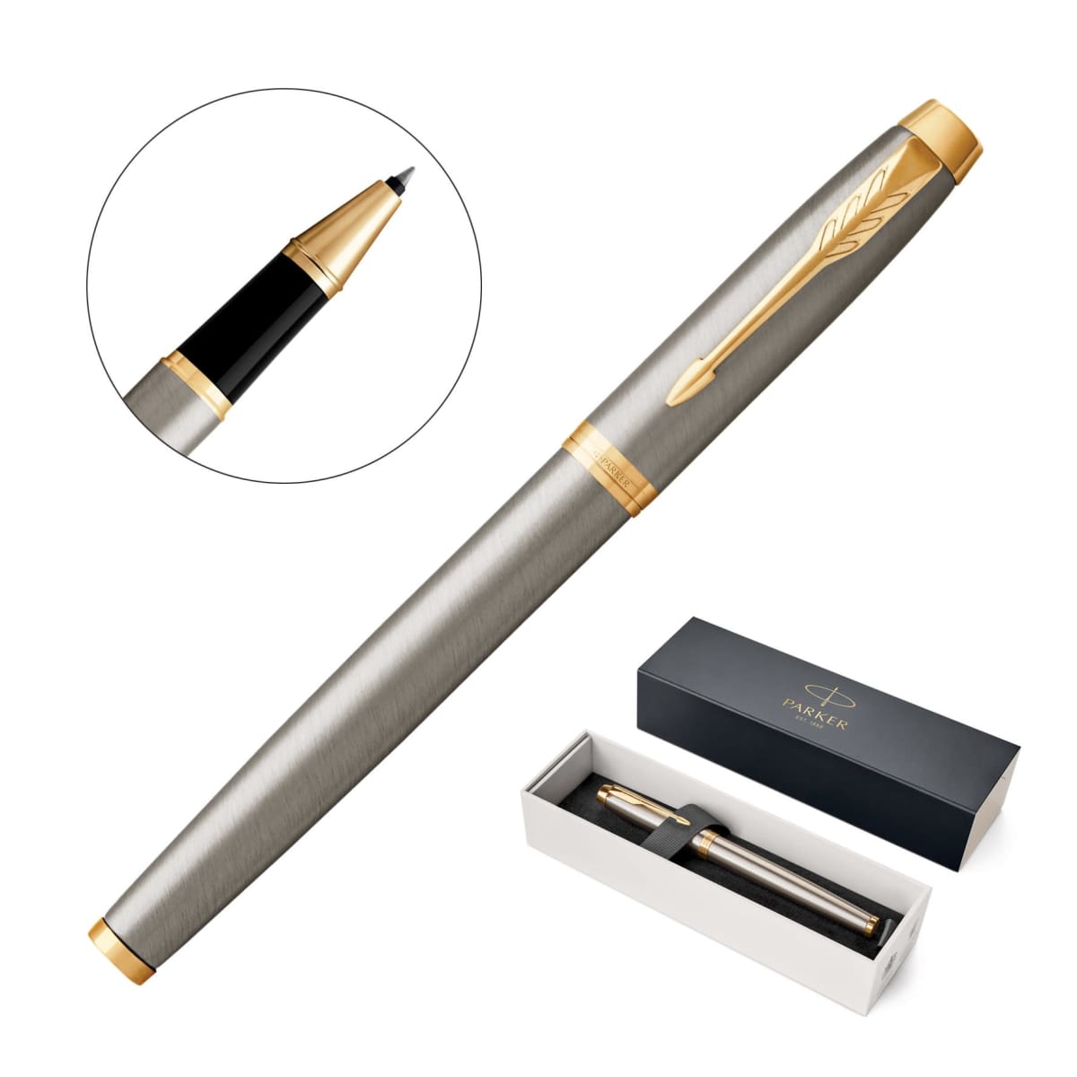 Silver and gold pen with close-up tip and gift box packaging shown.