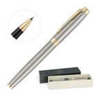 A silver and gold pen with cap, shown with packaging and a close-up of the pen tip.