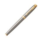 Silver and gold fountain pen with a feather design on the clip, shown on a white background.