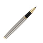 Silver and gold pen with a black grip, shown on a white background.