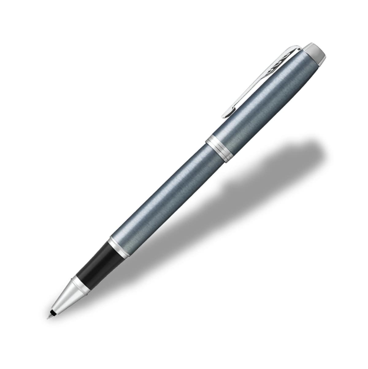 Silver and black pen with a clip casting a shadow on a white background.