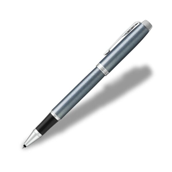 A metallic blue pen with a silver clip and tip casting a shadow on a white background.