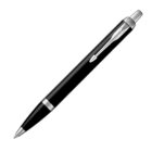 Black retractable ballpoint pen with a silver clip on a white background.