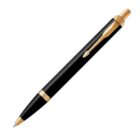Black and gold retractable ballpoint pen on a white background.