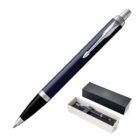 Dark blue ballpoint pen with silver accents, shown next to its open gift box and packaging.