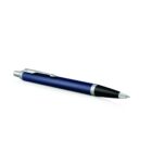 Blue and black retractable ballpoint pen with a silver clip on a white background.