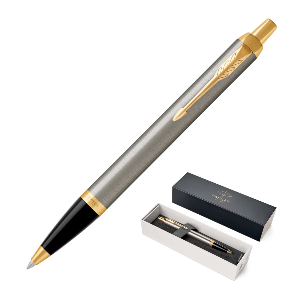 A silver and gold pen with a gift box featuring a matching pen inside.