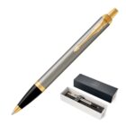 Silver and gold ballpoint pen with a gift box containing the same pen.
