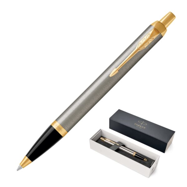 Silver and gold ballpoint pen with a gift box containing the same pen.