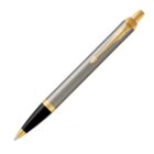 A silver and gold retractable ballpoint pen with a gold clip.