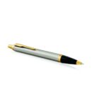 Silver ballpoint pen with gold accents on a white background.