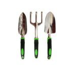 Three gardening tools with green and black handles on a white background.