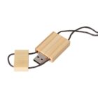 USB flash drive with a wooden case and cord lanyard.