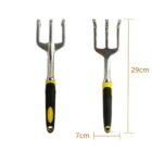 Two metal garden forks with black and yellow handles, alongside dimension lines.