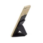 Gold smartphone on a black stand, angled upright.