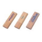 Three wooden USB drives with different logos on a white background.