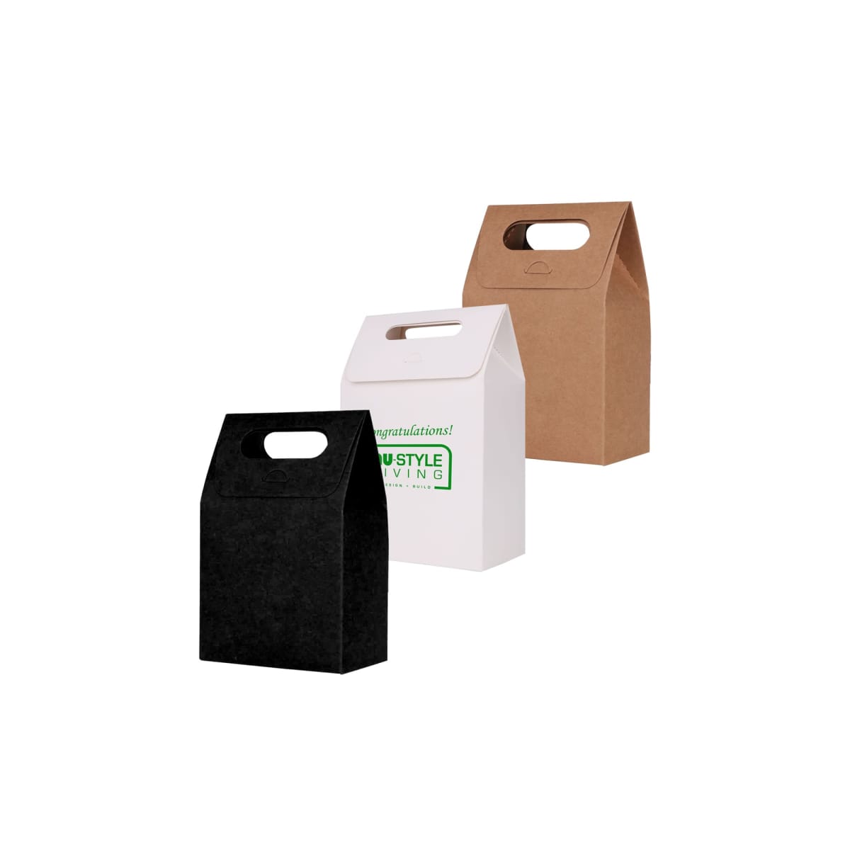 Three gift bags: black, white with Congratulations, and brown, each with a cutout handle.