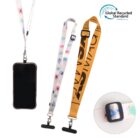 Three lanyards displayed. One holds a smartphone with a clear case, one is white with colorful patterns, and the third is yellow with black text. A small black round accessory is shown in a circle inset. The Global Recycled Standard logo is visible.