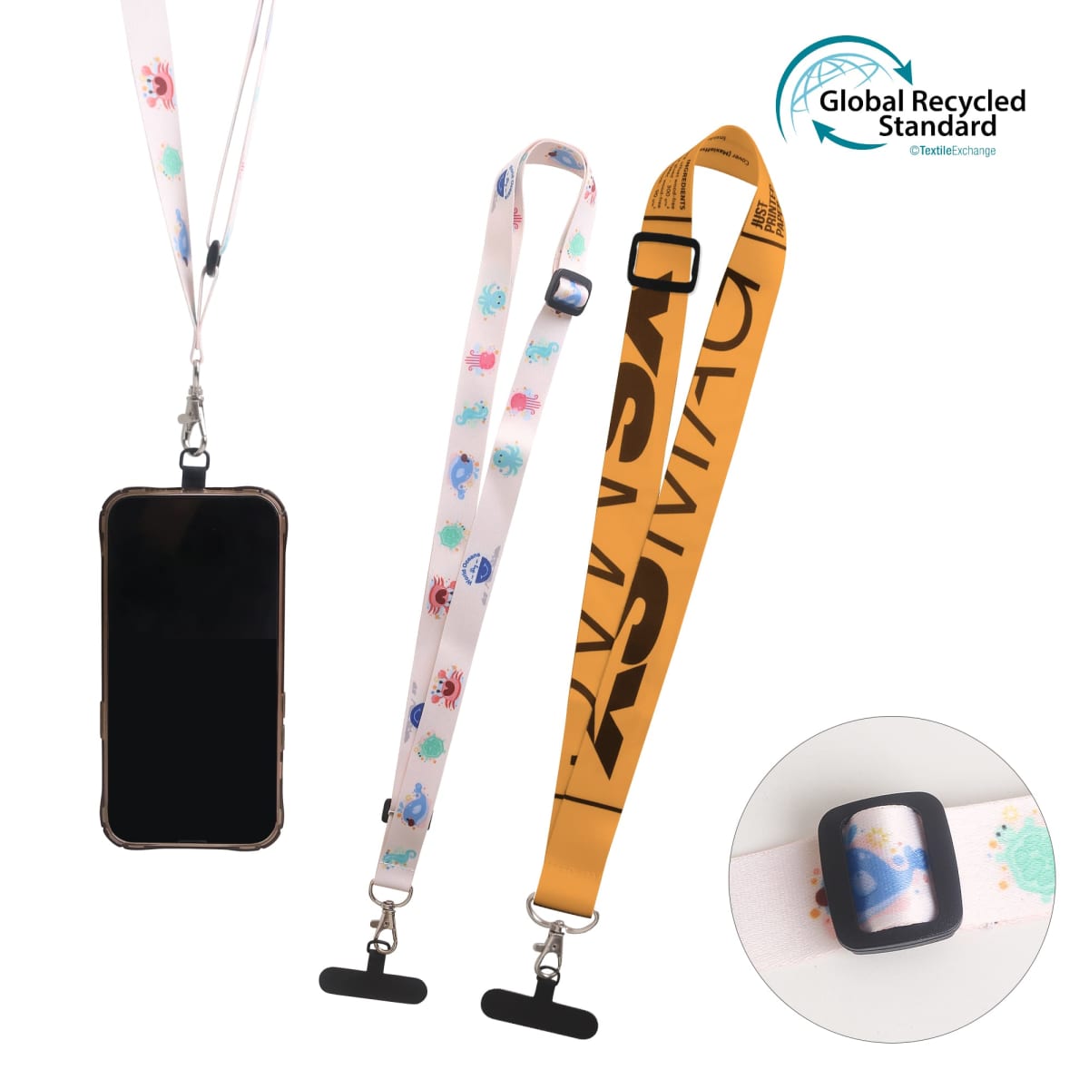 Three lanyards displayed. One holds a smartphone with a clear case, one is white with colorful patterns, and the third is yellow with black text. A small black round accessory is shown in a circle inset. The Global Recycled Standard logo is visible.