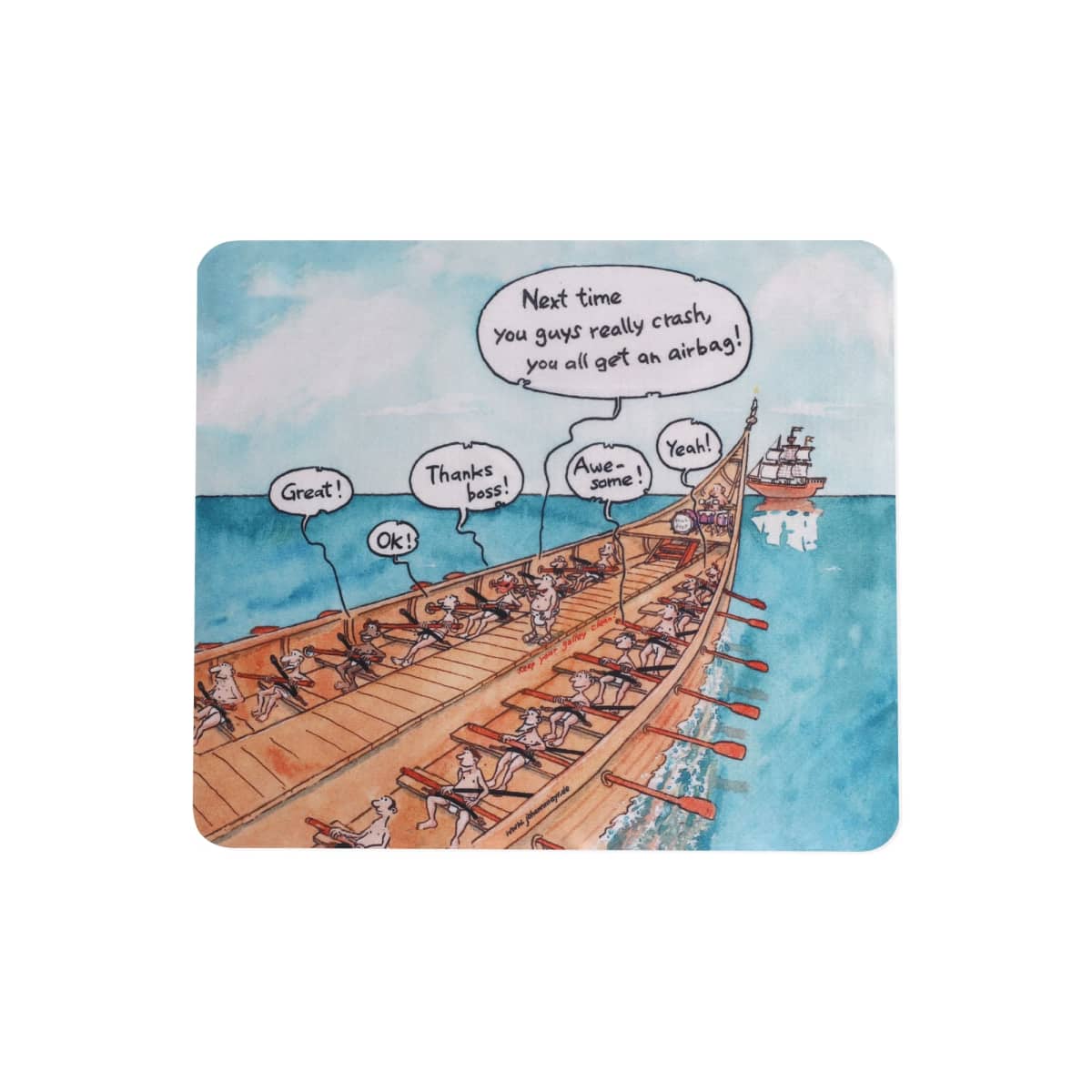 Cartoon of rowers agreeing to an airbag suggestion during a crash at sea.