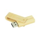 Wooden USB flash drive with a swivel cover, partially open, isolated on white.