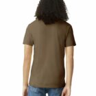 Person with curly hair wearing a brown t-shirt and jeans, standing with back to the camera.