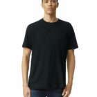 Person wearing a plain black t-shirt and blue jeans, standing against a white background.