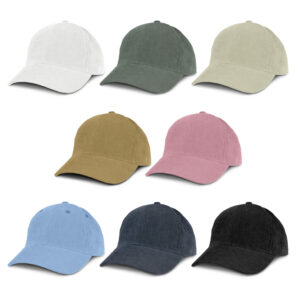 8 Promotional branded caps in various colors: white, green, beige, gold, pink, blue, navy, and black.