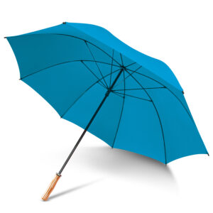 Custom blue umbrella with a wooden handle, showcased on a white background.