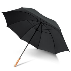 Custom black umbrella with a wooden handle, open against a pristine white backdrop.