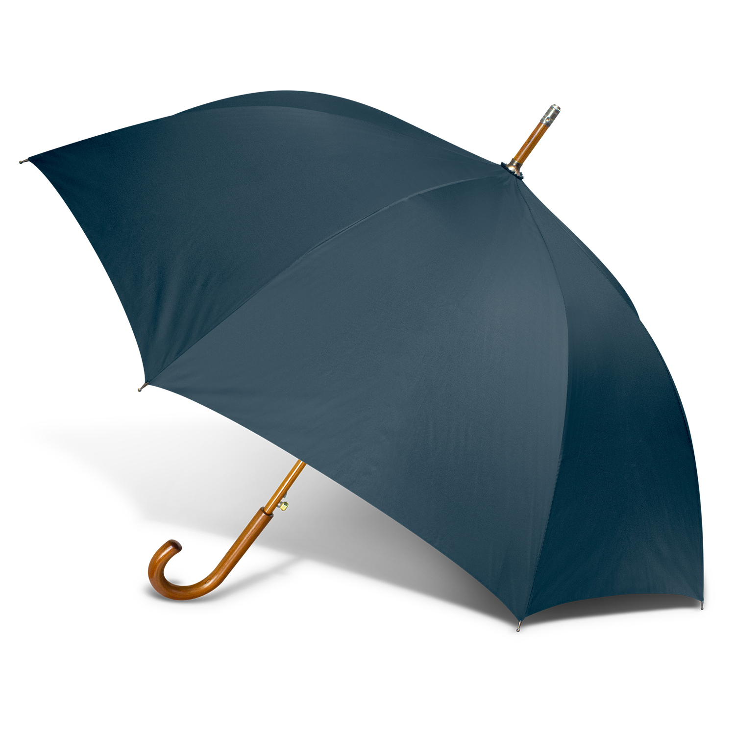 Custom dark umbrella with a curved wooden handle, partially open.