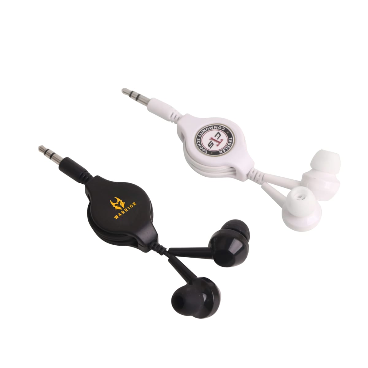 Two retractable earphones, one black and one white, with 3.5mm jacks and branded round cases.