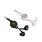 White and black retractable earbuds with 3.5mm jacks on a white background.